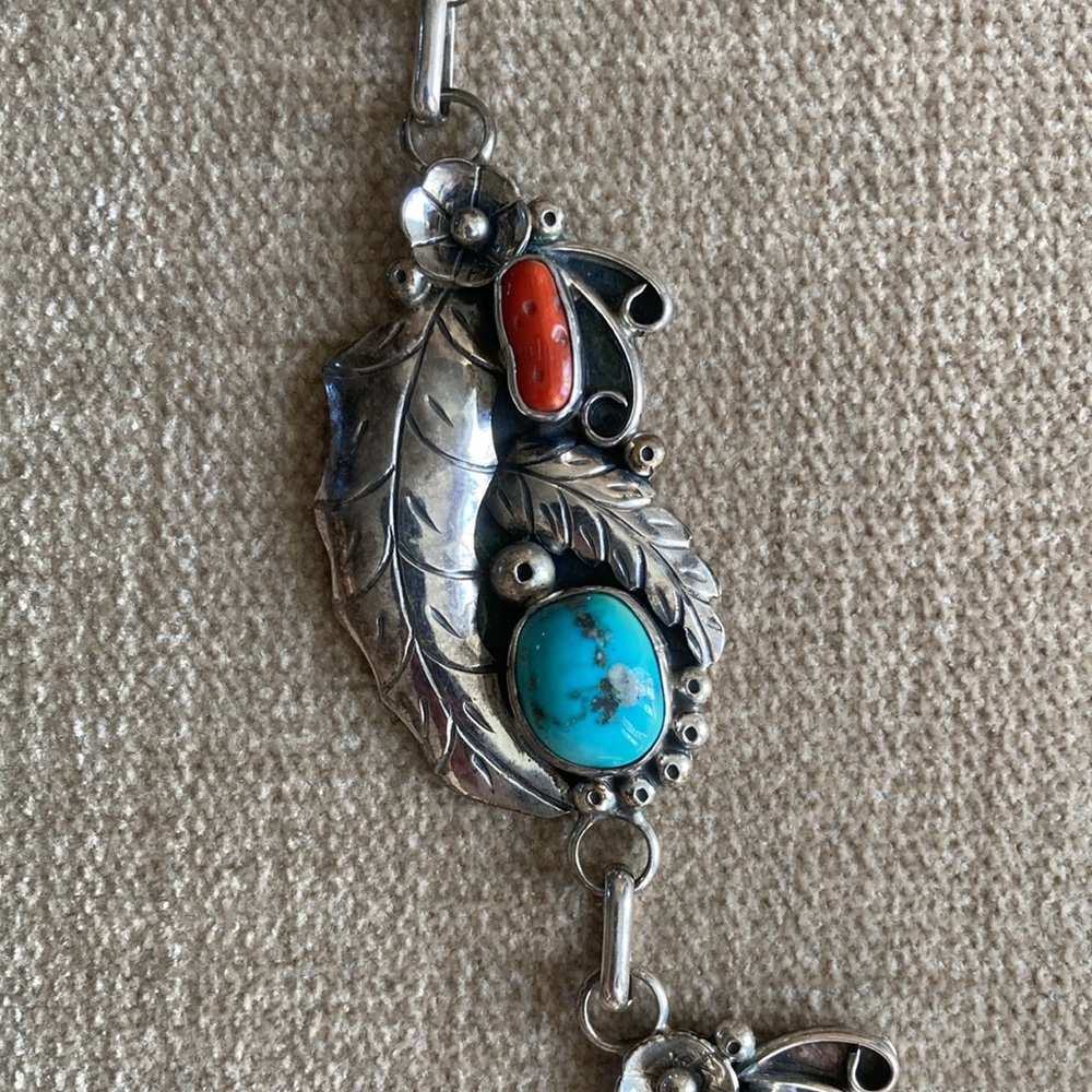 Sterling RBP RAYMOND PLATERO Turquoise Coral 22” Necklace with 4” Drop - Picture 3 of 9